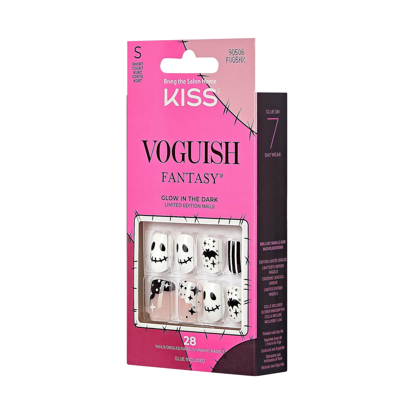 KISS Voguish Fantasy Halloween Nails, Black & White, Short Length, Square Shape, Pink Gel Nail Glue (2g), Mini Nail File, Manicure Stick, & 28 Fake Nails