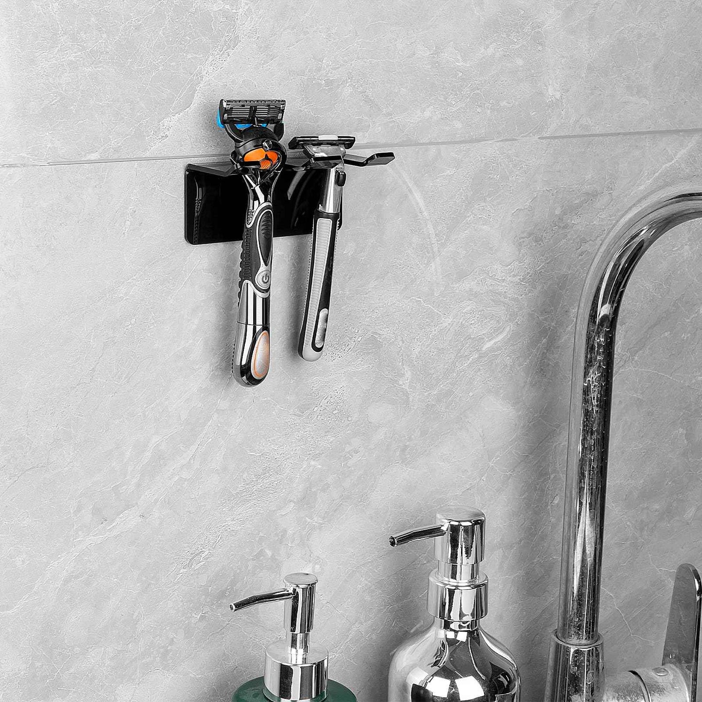 LUEXBOX 2 Pack Safety Razor Holder for Shower Wall, Self Adhesive Razor and Brush Stand for Bathroom, Shaving Brush Stand Compatible with Fusion 5 Proglide, Mach 3 Classic(Black Clear)