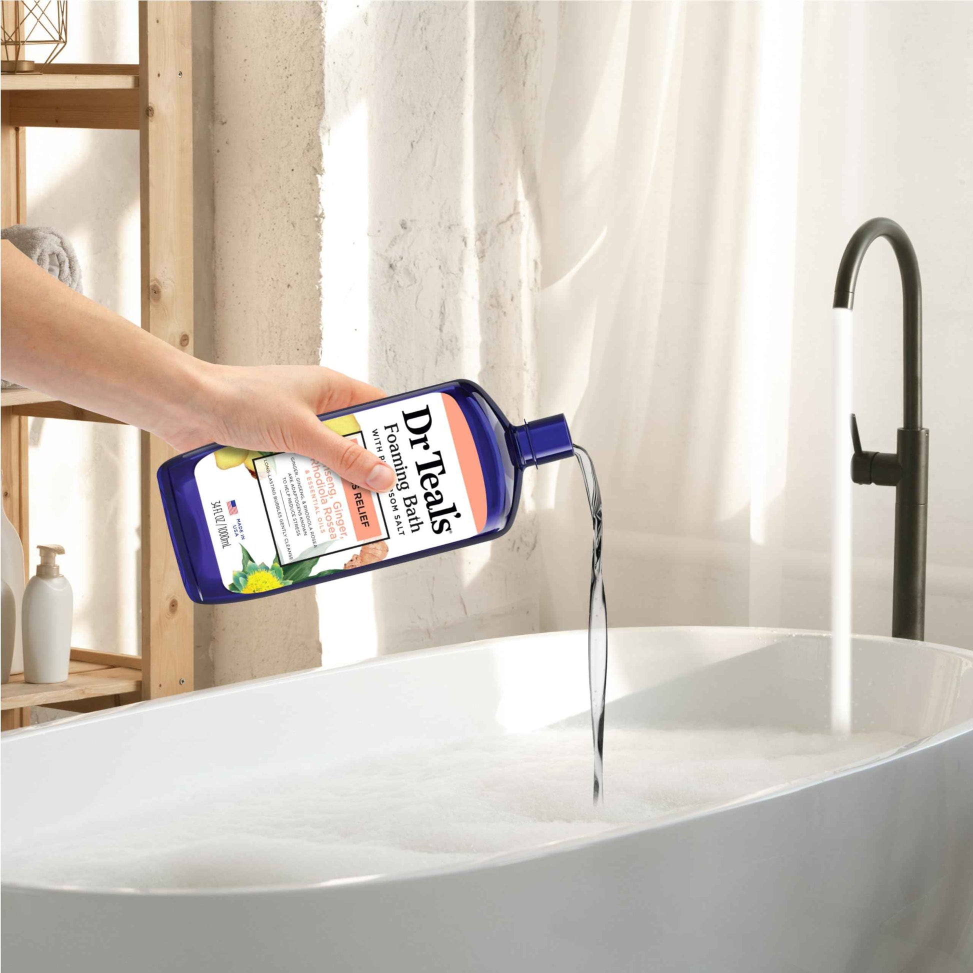 Dr Teal's Foaming Bath with Pure Epsom Salt, Stress Relief with Ginseng & Ginger, 34 fl oz (Pack of 4)