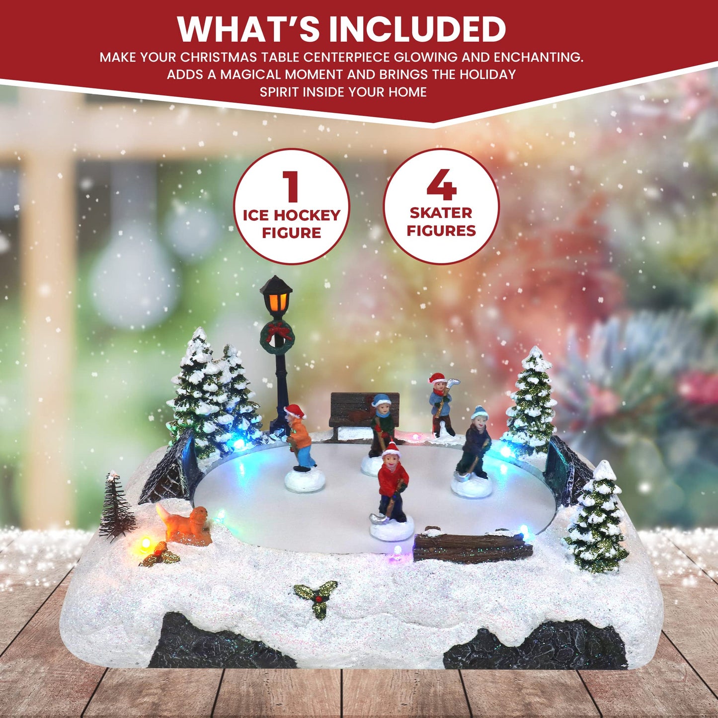 Christmas Village Tabletop Hockey Skating Rink - Animated Musical Pre-lit Winter Snow Village - Perfect Addition to Your Christmas Indoor Home Decorations - Great Centerpiece for Your Collection