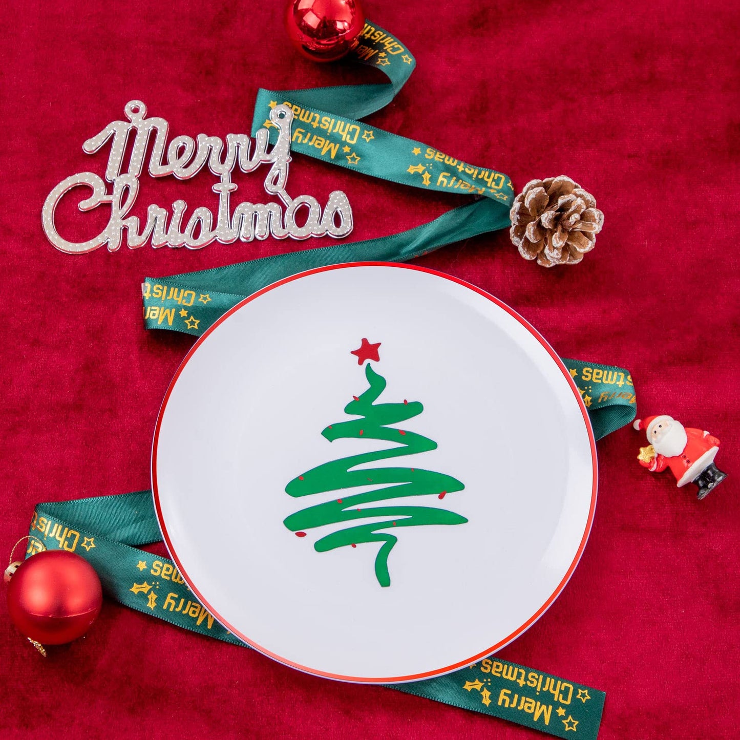 Supernal 180pcs Christmas Dinnerware set,Christmas Tree Plates,Christmas Plastic Plates with Red Rim,Gold Plastic Cutlery with White Handle,Gold Rim Cups,Christmas Party Decoration