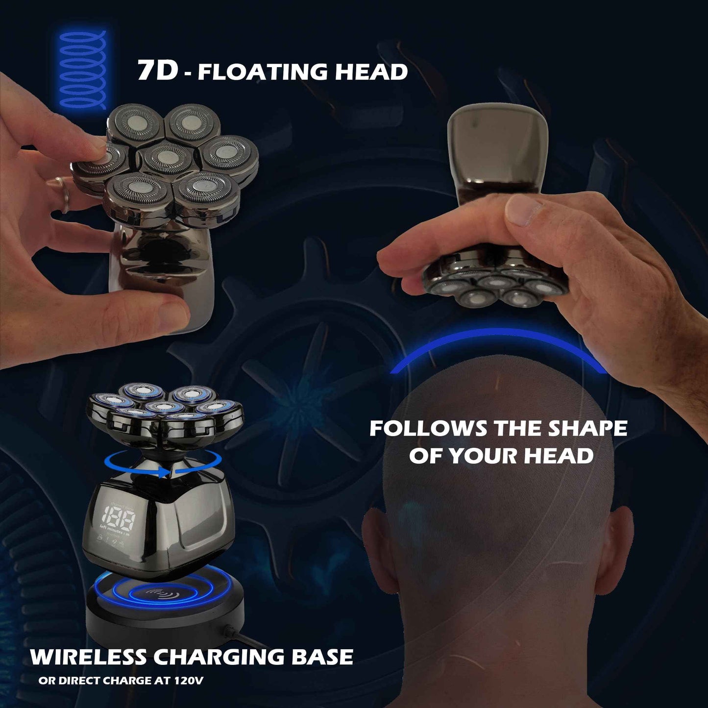 Head Shavers for Bald Men, 7D Stainless Steel Blades & Wireless Charging Base, Waterproof Skull Shaver with Digital Display, Powerful Motor, Wet & Dry Kit for Men, Flex Series.