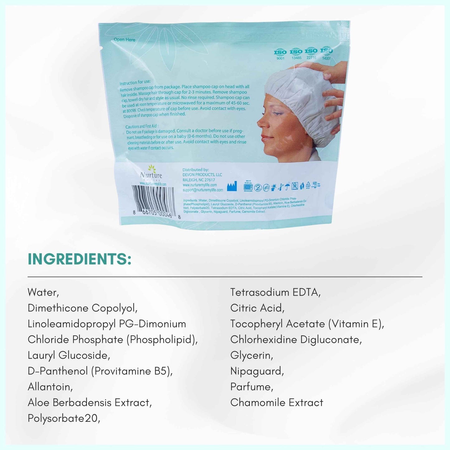 No Water Rinse Free Shampoo Cap by Nurture | Microwavable Hair Washing & Conditioning Shower Caps | Waterless Bathing | Disposable & Hypoallergenic for Adults, Bedridden & Elderly