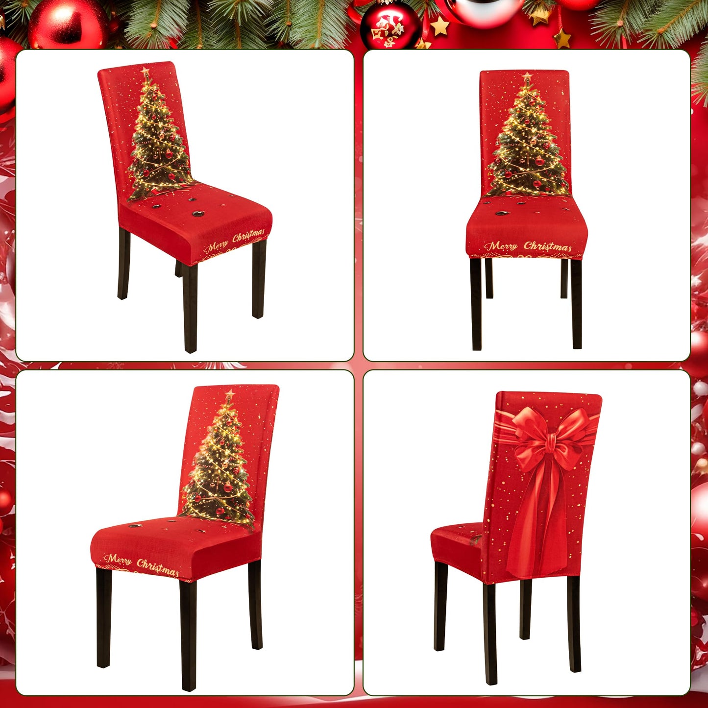 4PCS Christmas Dining Chair Covers Stretch Removable Washable Dining Room Chair Protector Slipcover 3D Print Xmas Tree Bow Tie Kitchen Chair Cover Slipcovers for Xmas Holiday Party Home Décor