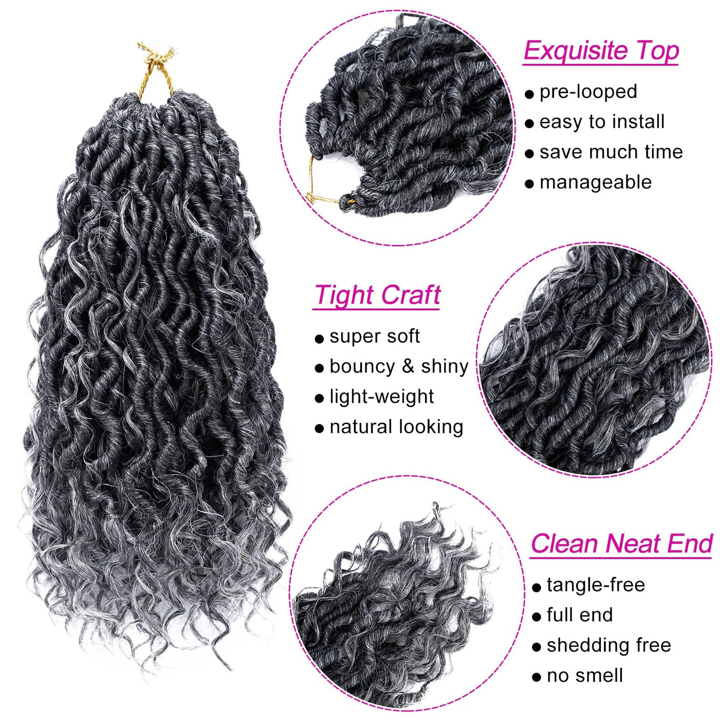 Goddess Locs Crochet Hair 14 Inch 7 Packs Ombre Grey Boho Faux Locs Crochet Hair for Black Women Pre Looped Crochet Locs with Curly Ends (1B/Gray)