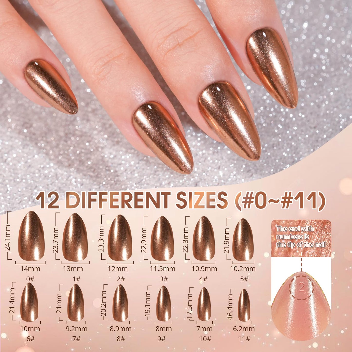 Chrome Press on Nails Short 6 Styles, Jofay Fashion 120Pcs Salon-Like Mirror Metal Stiletto Fake Nails with Glue, Glitter Artificial Acrylic False Nails for Party, Glue on Nails Press Ons in 12 Sizes