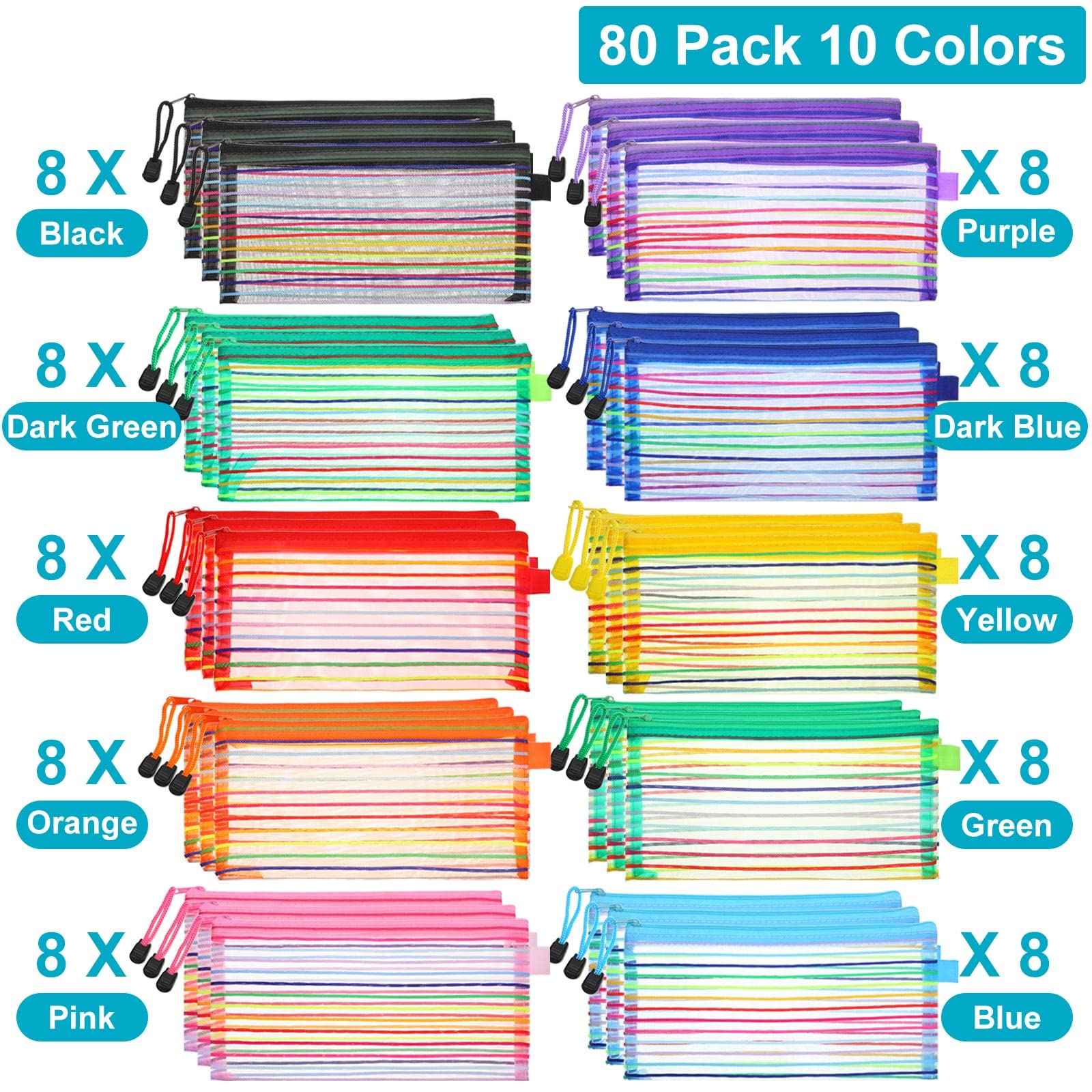Leelosp 80 Pcs Mesh Zipper Pouch Bulk Back to School Pencil Storage Pouch Mesh Cosmetics Bags Toiletry Makeup Bags for Office Travel Organization(Elegant Color,9 x 4.7 Inch)