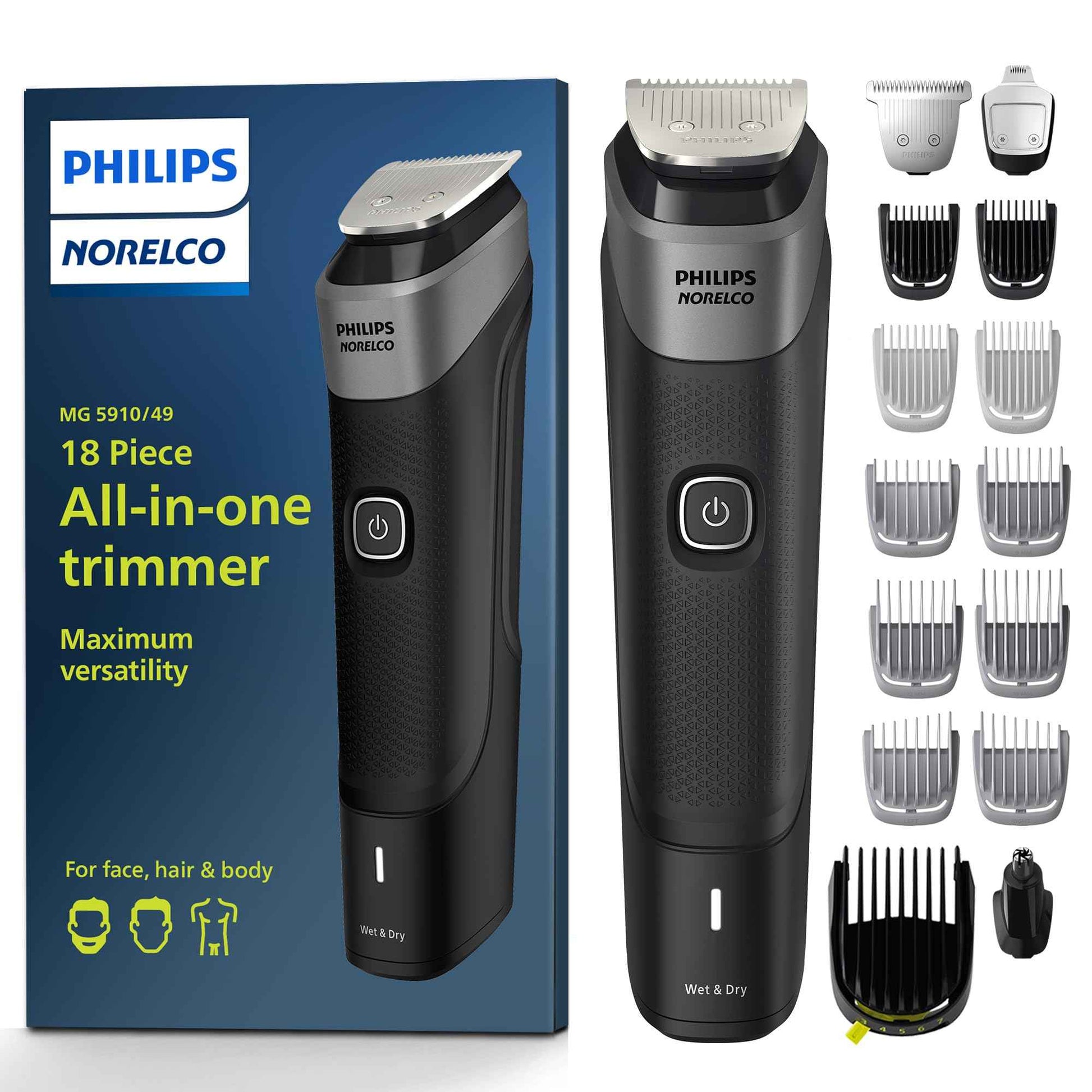 Philips Norelco Multigroom 5000 Series, All-in-One Trimmer and Hair Clipper, 18-Piece Men's Grooming Kit for Beard, Face, Hair, Body and Intimate Areas, No Blade Oil Needed, Model MG5910/49