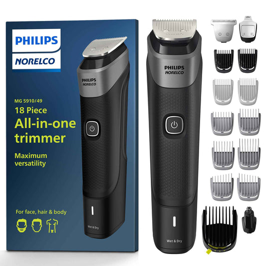 Philips Norelco Multigroom 5000 Series, All-in-One Trimmer and Hair Clipper, 18-Piece Men's Grooming Kit for Beard, Face, Hair, Body and Intimate Areas, No Blade Oil Needed, Model MG5910/49