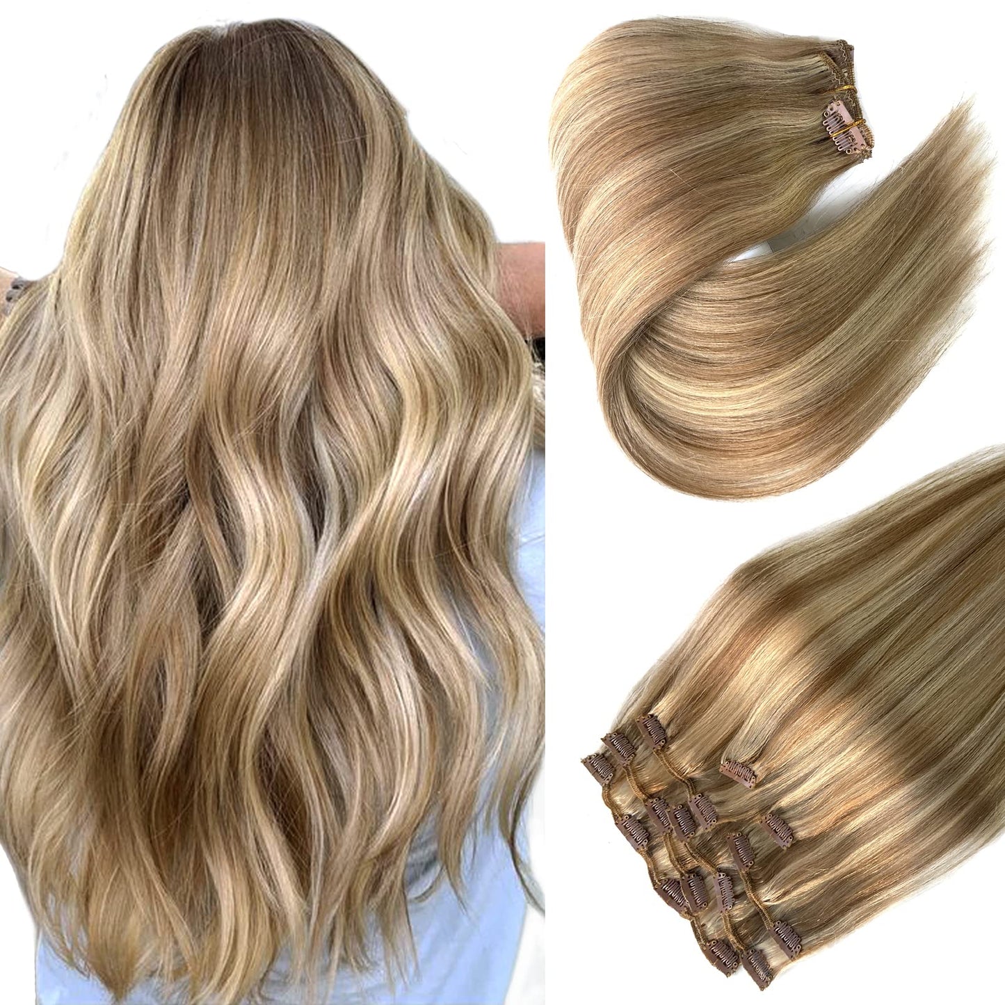 Hair Extensions Real Human Hair Clip ins, Remy Human Hair Clip in Extensions 7 Pieces 70G Golden Blonde to Light Blonde Highlights Double Wefts Clip in Hair Extensions for Fine Hair Women 16 Inch