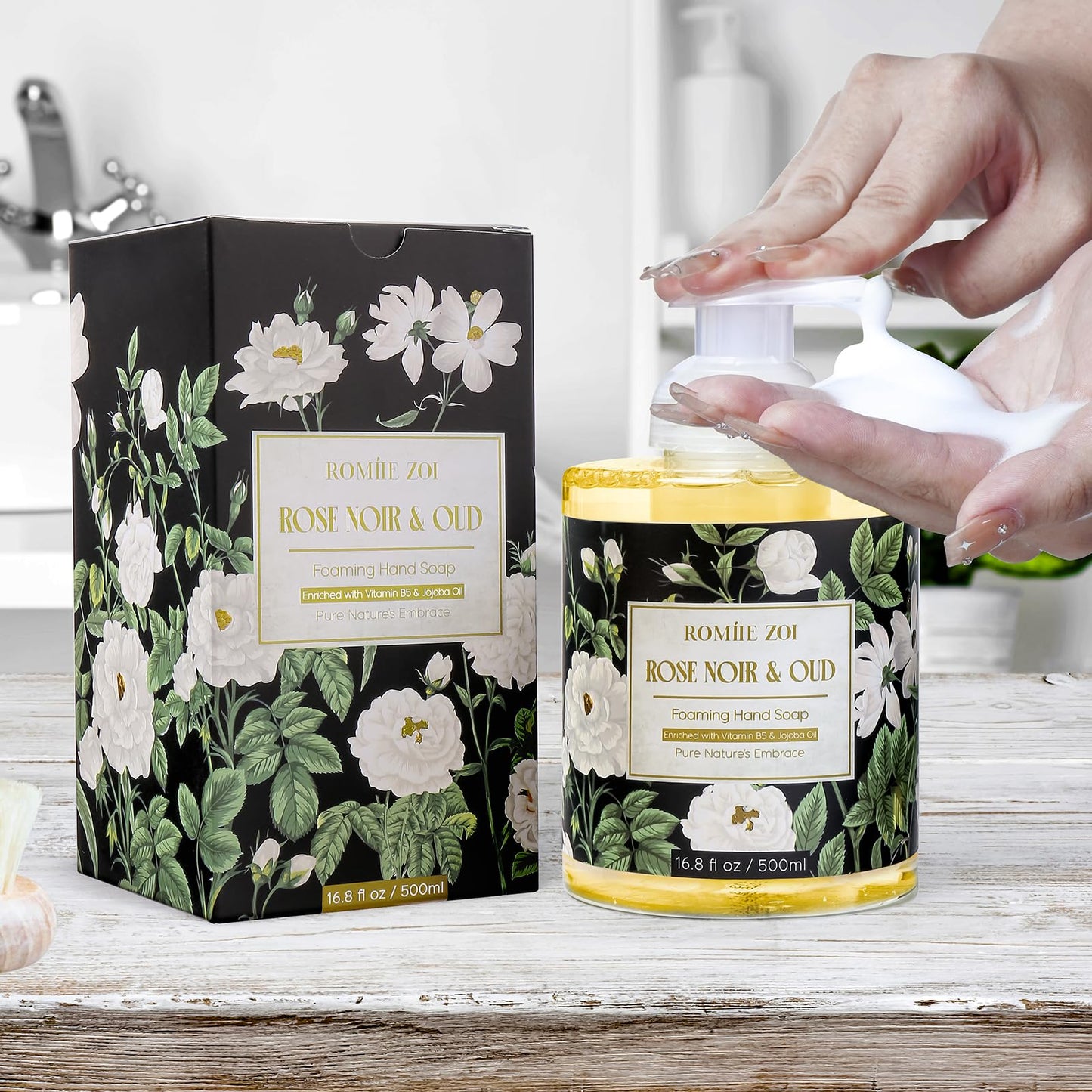 ROMIIE ZOI Foaming Hand Soap with Gift Box- Rose Noir & Oud - Biodegradable Formula Moisture & Revitalize - 500ml/ 16.8oz