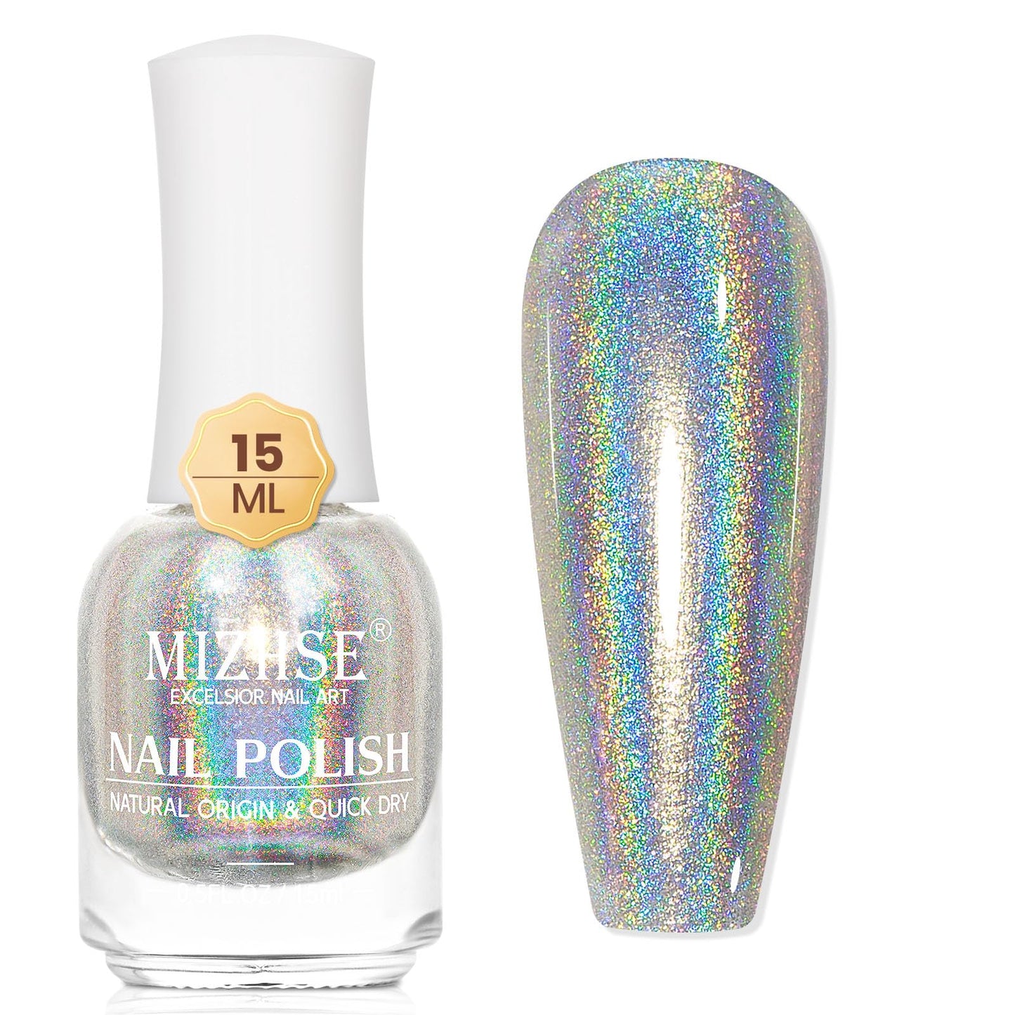 MIZHSE Holographic Nail Polish, Silver Glitter Nail Polish Air Dry Fast, 15 ml 0.5 fl oz High Glossy Shiny Nail Pigment Oil-based Laser Iridescent Nail Polish Chrome Halo Nail Art Salon Manicure Home