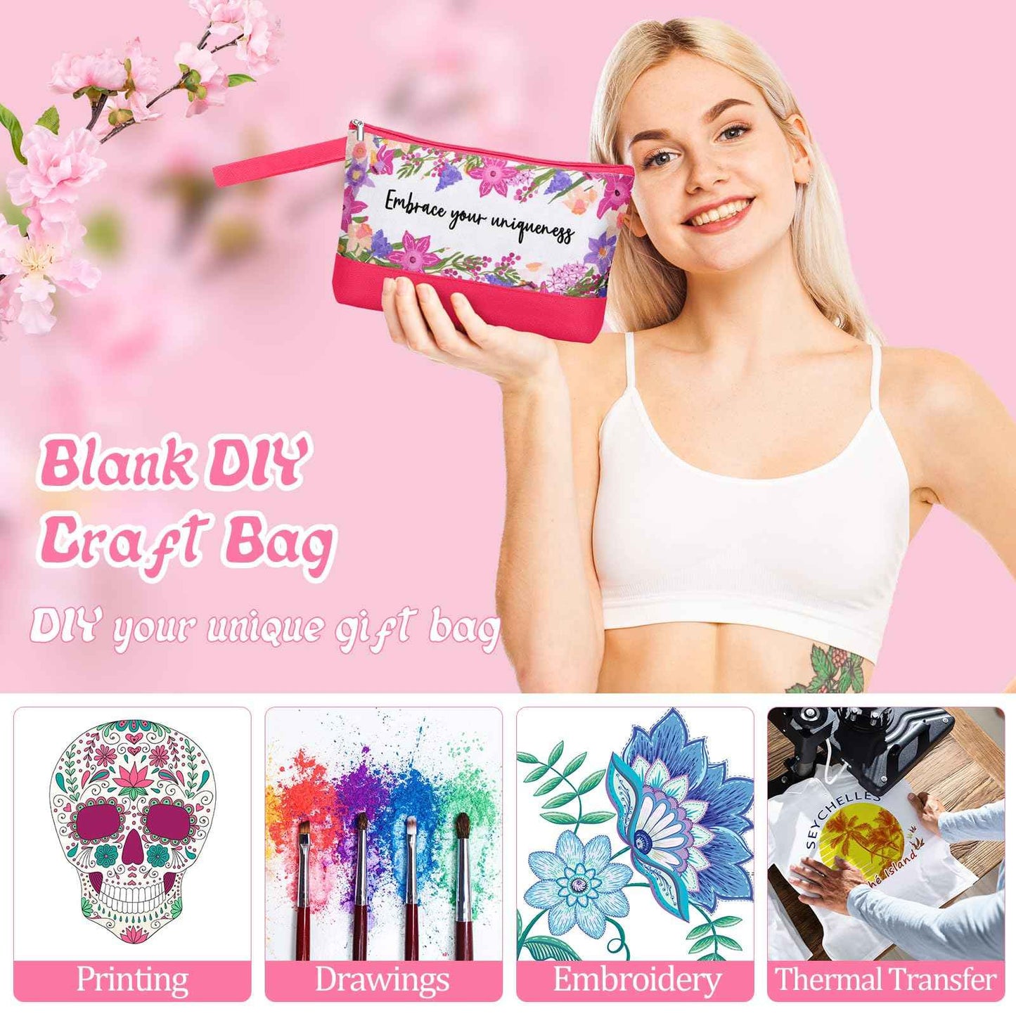 Silkfly 30 Pcs Cotton Canvas Makeup Bags Canvas Cosmetic Zipper 10.2 x 5.5 x 2 Inches Blank DIY Pouch Bag Bulk with Bottom Pencil Case Travel Toiletry Pouch for Women (Flower)