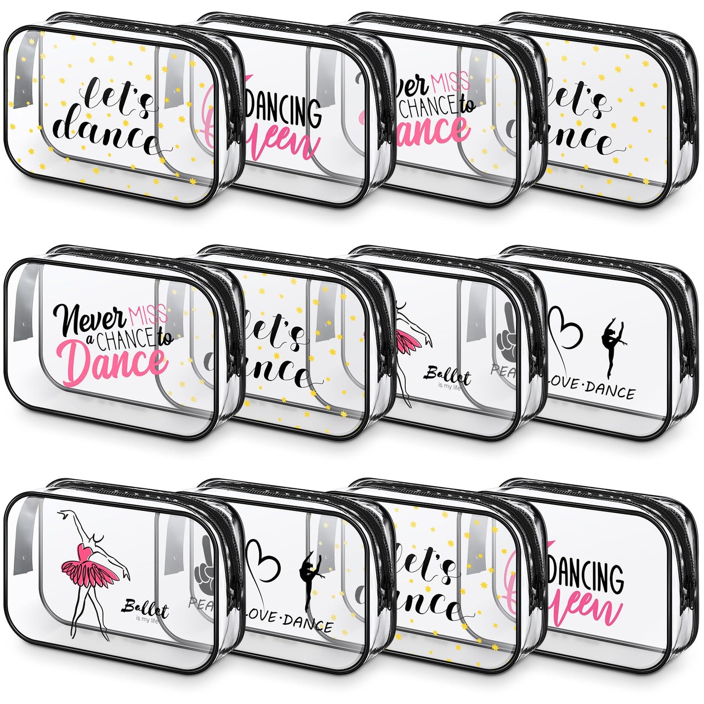 Abbylike 12 Pcs 7 x 4.7 x 2.4'' Cosmetic Bag Gifts Accessories for Makeup Bags Clear PVC Cheer Case Toiletry Zipper Pouch for Women Christmas Xmas (Dance Theme)