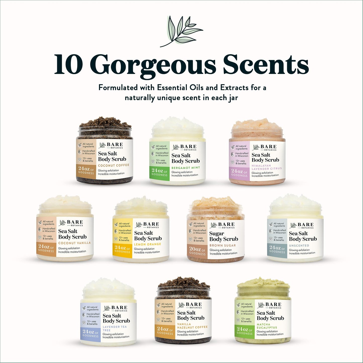 Bare Botanics Unscented Body Scrub 24oz | Made in Madison, WI | All Natural Body Scrub w/Skin Loving Moisturizers | Vegan & Cruelty Free Sea Salt Exfoliator w/a Cute Wooden Spoon