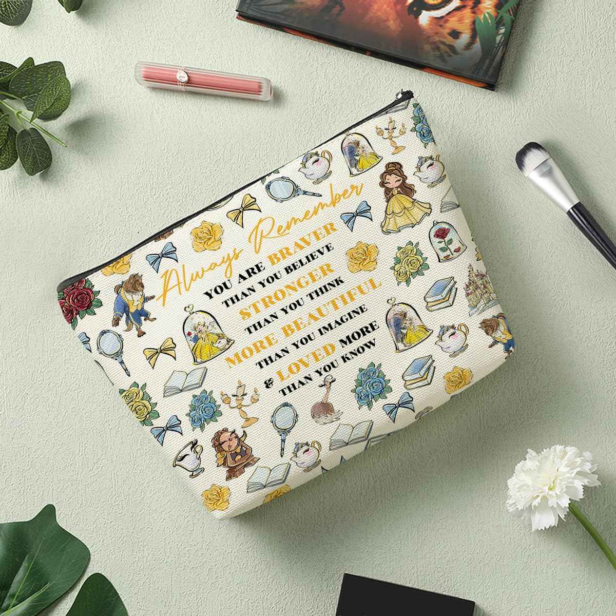 Magical Beauty Makeup Bag Inspired Fairy Tales Character Christmas Birthday Friendship Gifts for Women Girls Best Friend Granddaughter Magic Inspirational Braver Stronger Beautiful Cosmetic Bag
