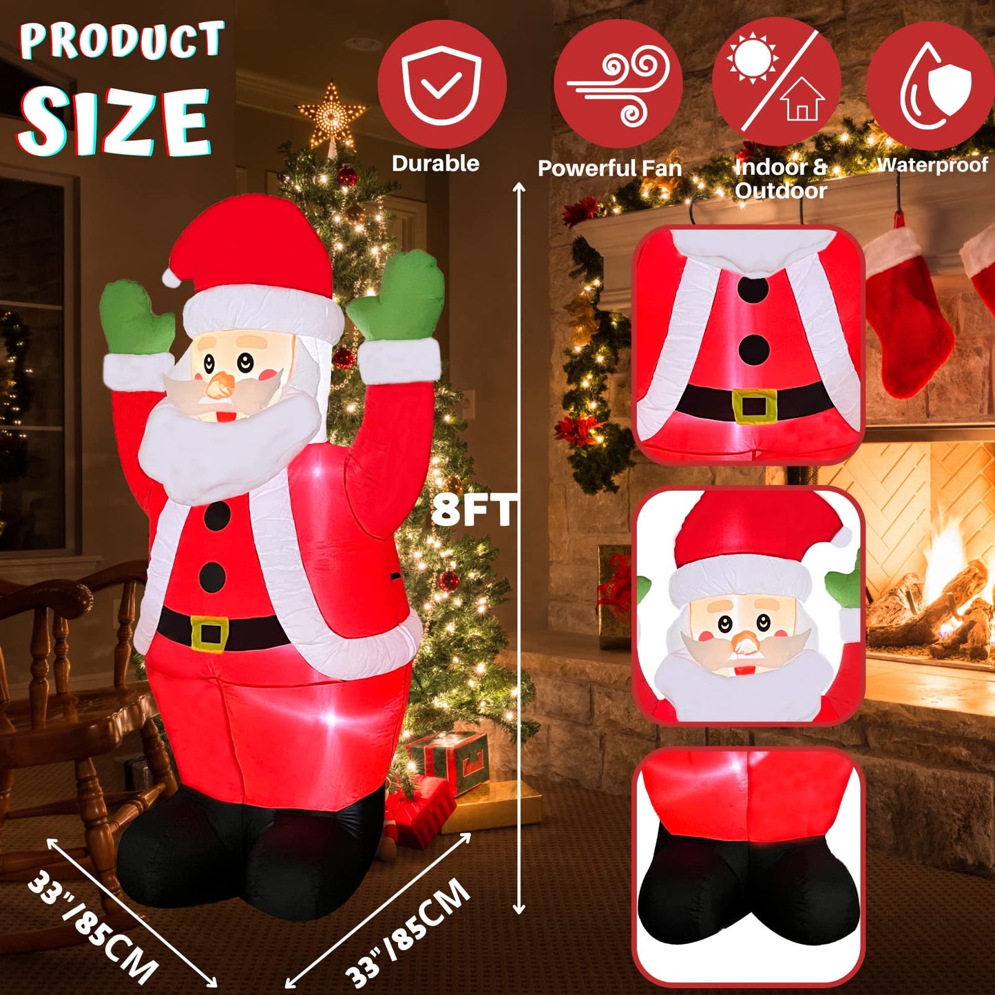 Padama 8FT Christmas Inflatable Santa Claus Outdoor Blow Up Yard Decoration Giant Tall with LED Lights Built-in for Indoor Outside Outhouse Holiday Party Yard Garden