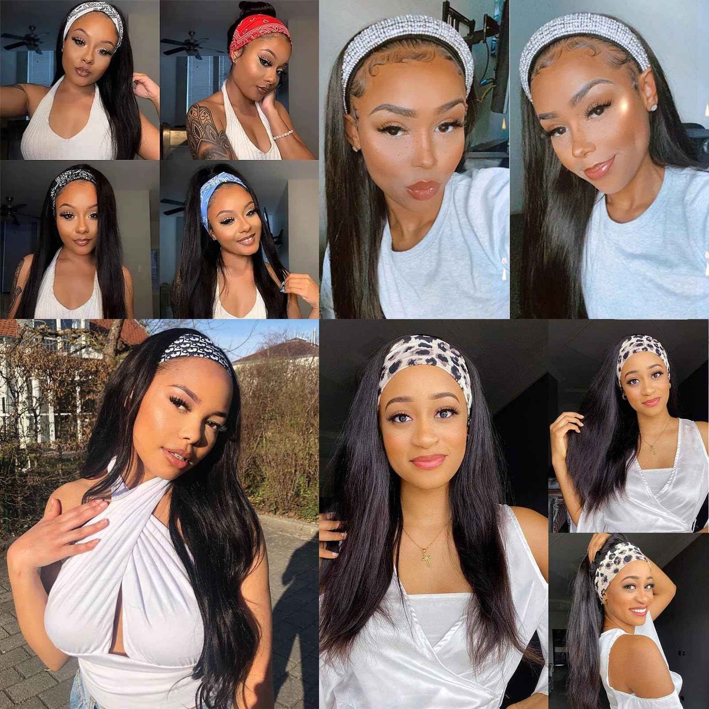 Headband Wig Human Hair Straight Virgin Brazilian Machine Made Wigs None Lace Front Wigs Glueless Human Hair Wig for Black Women 150% Density Natural Color 16 Inch