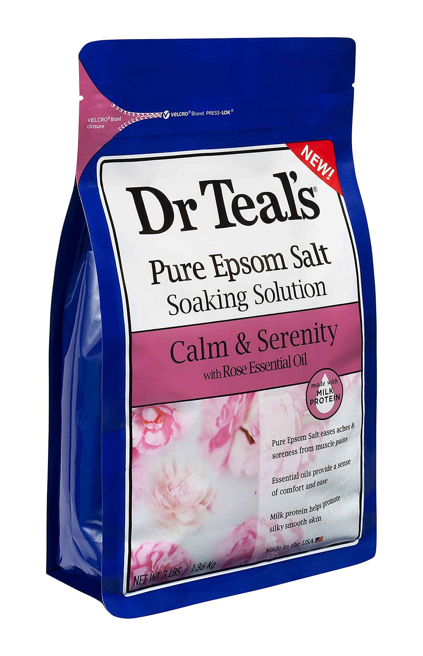 Bundle of Dr Teals Calm & Serenity with Rose Essential Oil (Made with Milk Protein): Pure Epsom Salt Soaking Solution 3 LBS & Foaming Bath 34 FL OZ