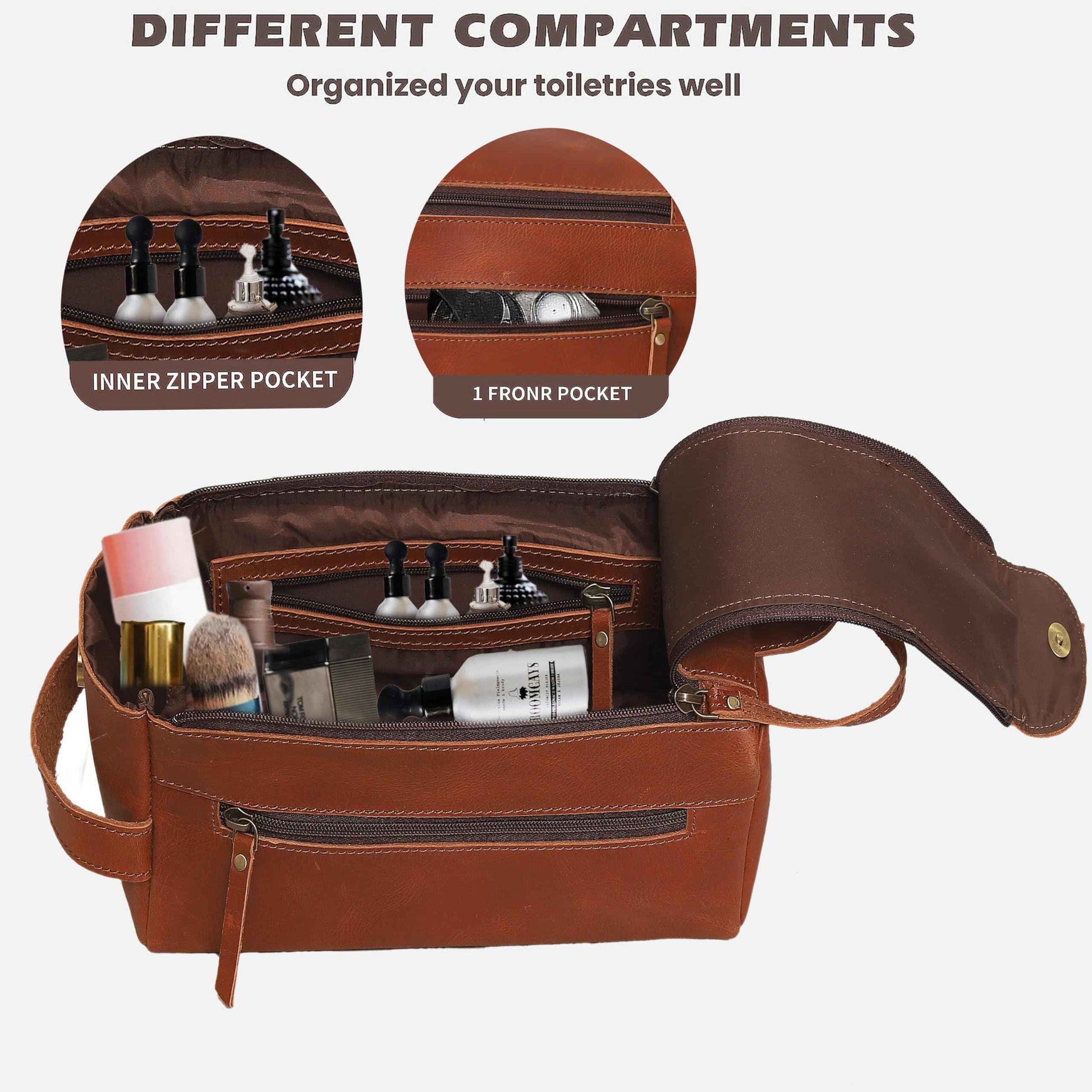 cuero Handcrafted Premium Genuine Buffalo Leather Toiletry Bag - Travel Dopp Kit for Men & Women, Ykk Dual Zipper Design for Quality and Style, Water Resistaant - Tan Brown