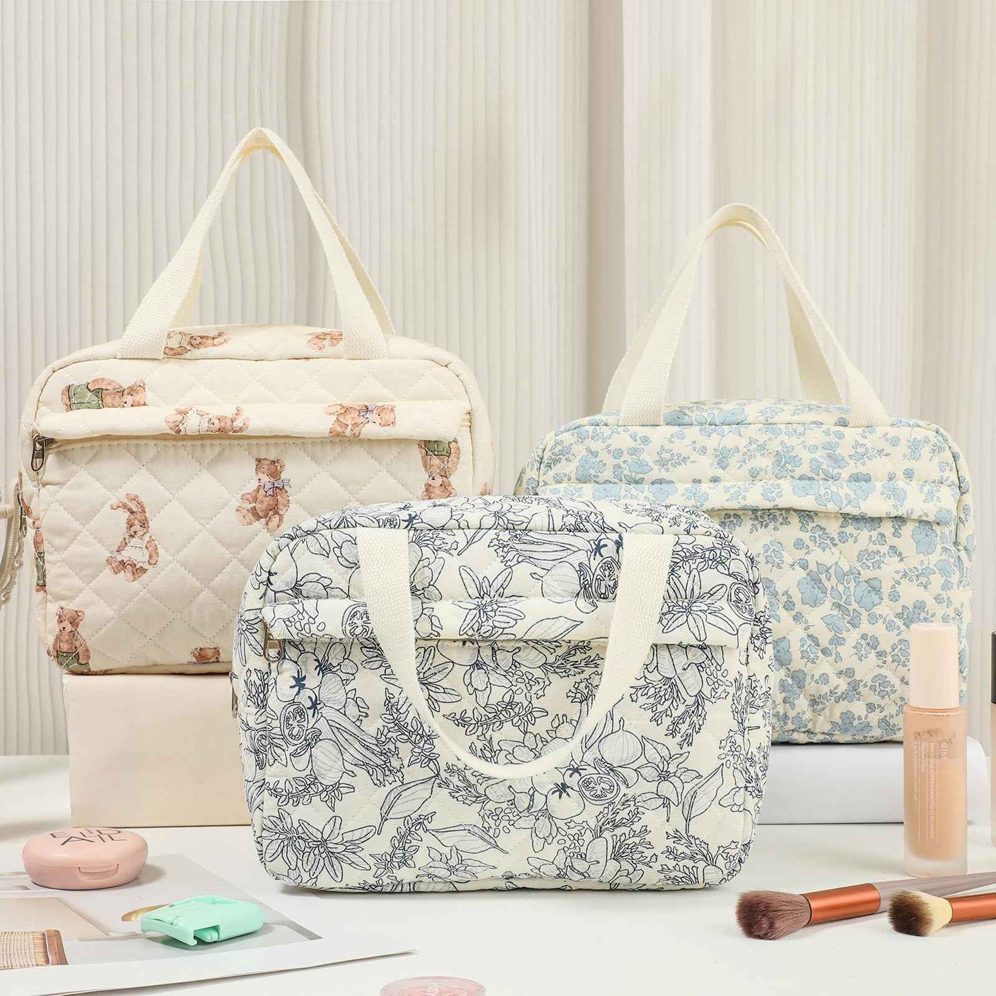 Large Size Quilted Coquette Makeup Bag, Cute Preppy Floral Cotton Travel Cosmetic Organizer Bag with Top Handle, Multi-Layer Travel Toiletry Pouch for Girls (04Bear)