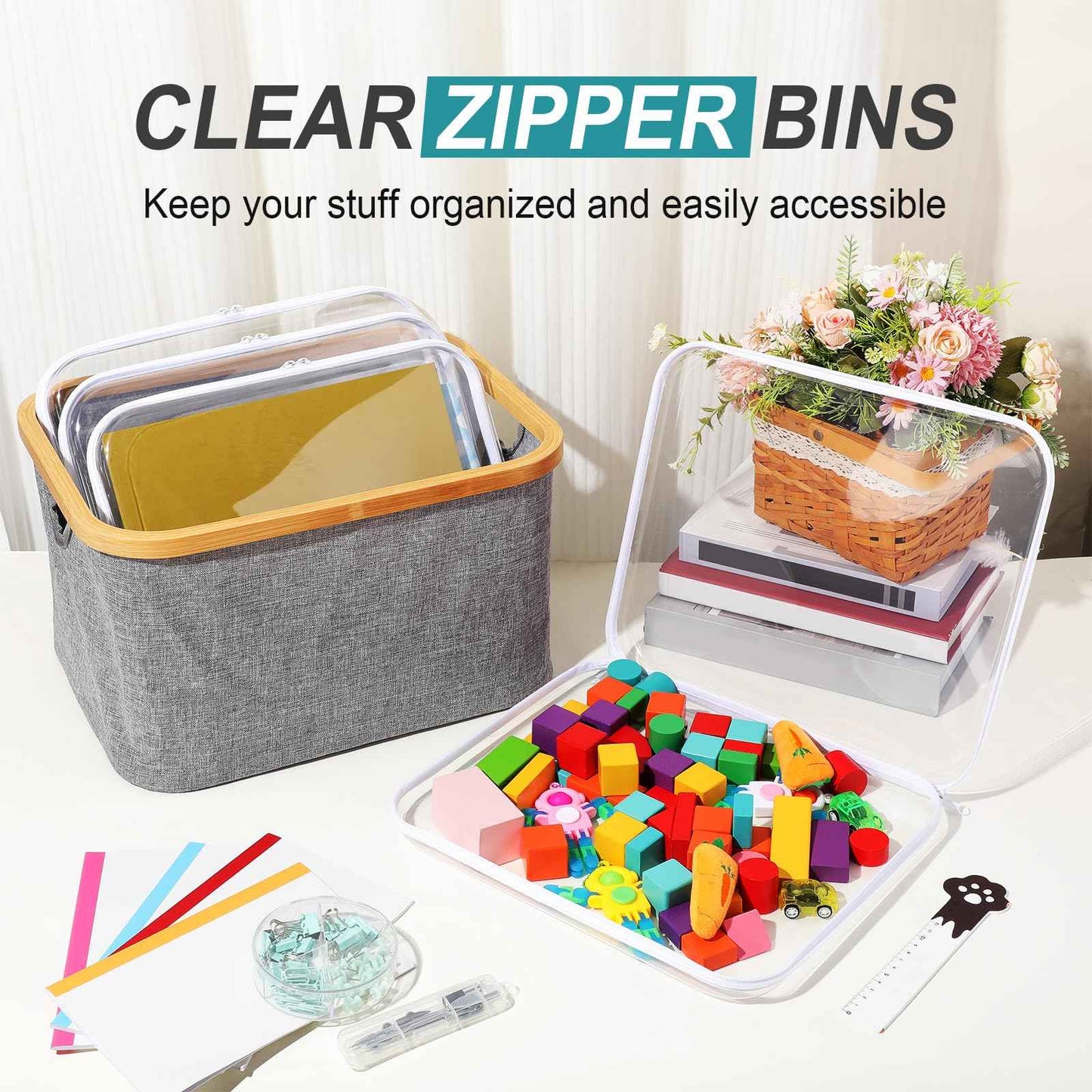 Hoolerry 4 Pcs Hard Clear Zipper Case Makeup Bags Plastic Pencil Pouch Transparent Storage Box Containers for Cosmetics, Snacks, Building Blocks, Puzzles(White,13.8 x 11.8 x 2 in)