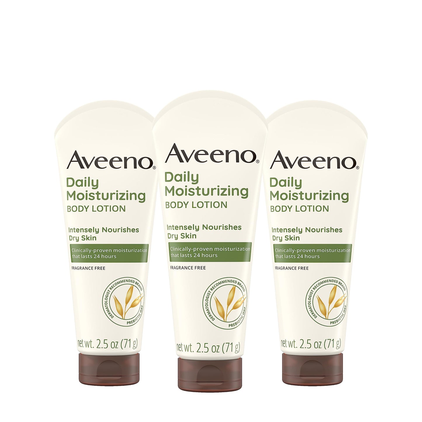 Aveeno Daily Moisturizing Body Lotion, Gentle Lotion Nourishes Dry Skin With Moisture, Soothing Prebiotic Oat, Fragrance-Free, Non-Comedogenic, Travel-Size, Pack of Three, 3 x 2.5 fl. Oz