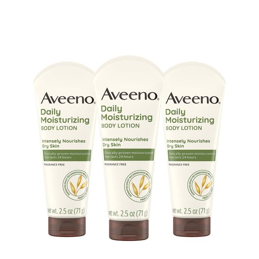 Aveeno Daily Moisturizing Body Lotion, Gentle Lotion Nourishes Dry Skin With Moisture, Soothing Prebiotic Oat, Fragrance-Free, Non-Comedogenic, Travel-Size, Pack of Three, 3 x 2.5 fl. Oz