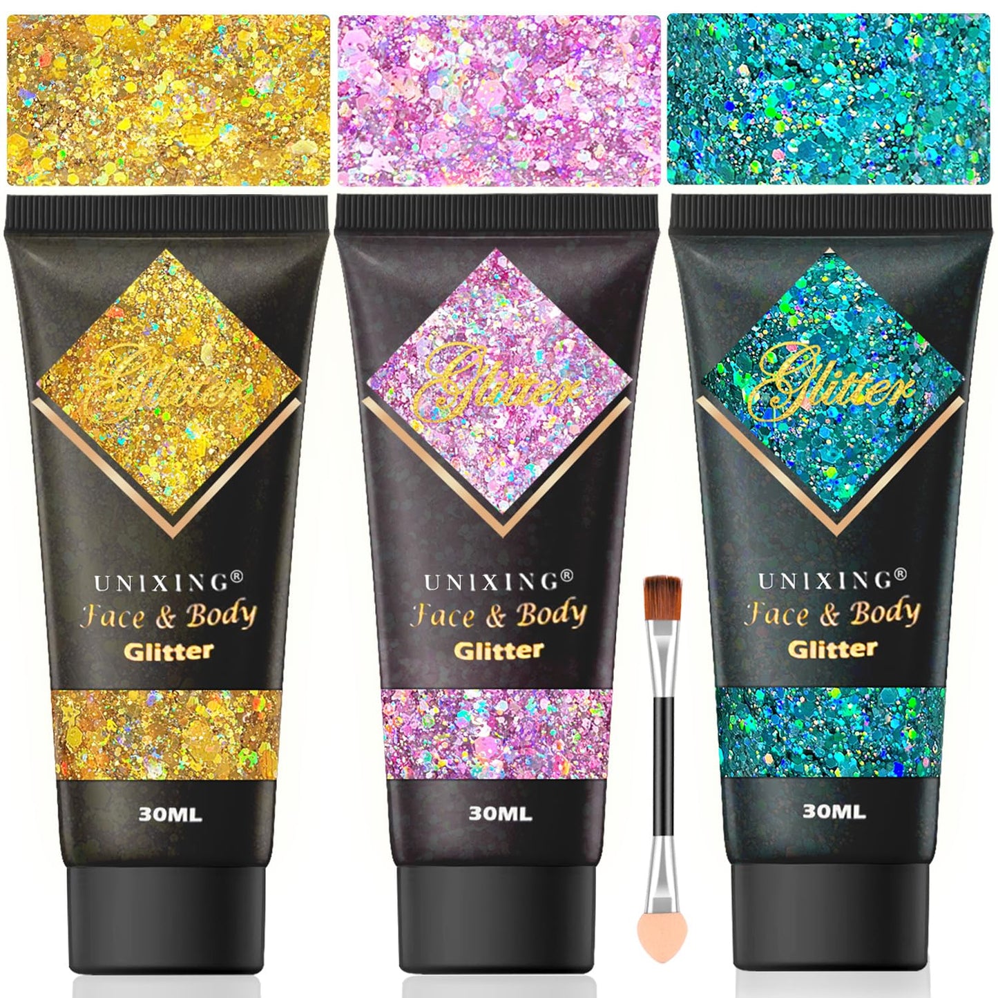 3Pcs Holographi Face Body Glitter Gel, Sparkle Color Changing Face Glitter Gel, Mermaid Sequins Glitter Face Paint, Chunky Hair Glitter Gel for Concerts Party Mardi Gras Festival Rave