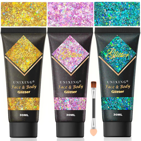 3Pcs Holographi Face Body Glitter Gel, Sparkle Color Changing Face Glitter Gel, Mermaid Sequins Glitter Face Paint, Chunky Hair Glitter Gel for Concerts Party Mardi Gras Festival Rave