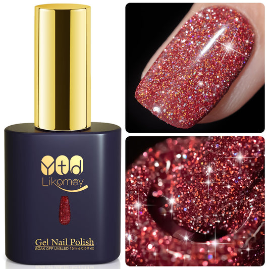 YTD Likomey Colorful Reflective Glitter Gel Nail Polish,15ml Red Flash Diamond Shimmer Nails Gel,Sparkly Shiny Salon Home Nail Art Manicure UV Nail Gel,SZ395