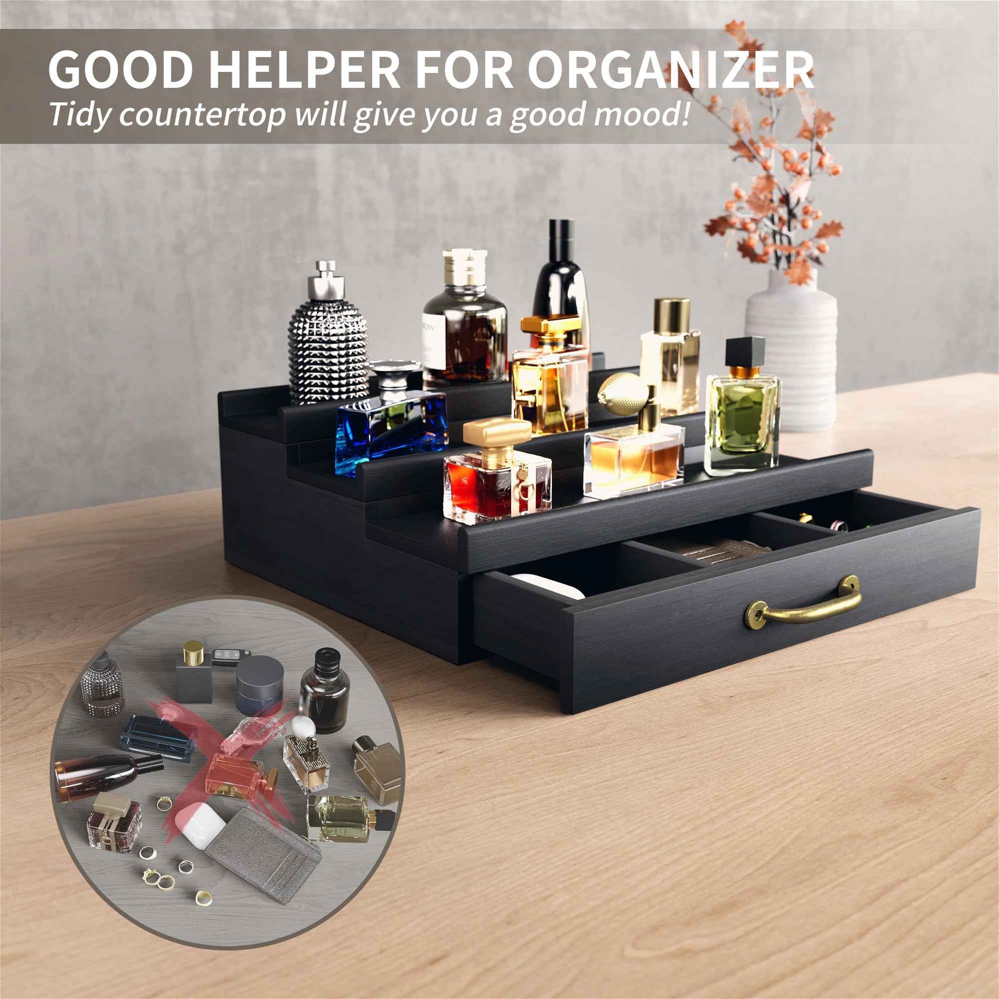YIKIBOX Cologne Organizer for Men,Wooden Perfume Organizer with Hidden Compartment and Drawer,Cologne Stand and Storage Display Risers for Dresser,Great Gift for Men/Friend(Black)