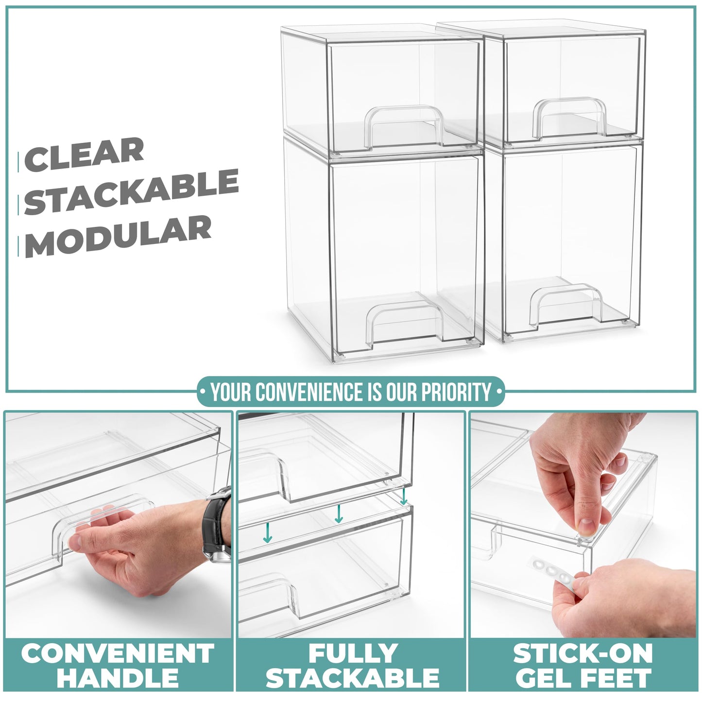 Sorbus Acrylic Storage Containers - 4 Pack, Stackable Storage Bins Set for Bathroom Organization - Clear Acrylic Drawer Organizers - Makeup Case Pull-Out Drawers (7.6’’ and 4.4’’ Tall)