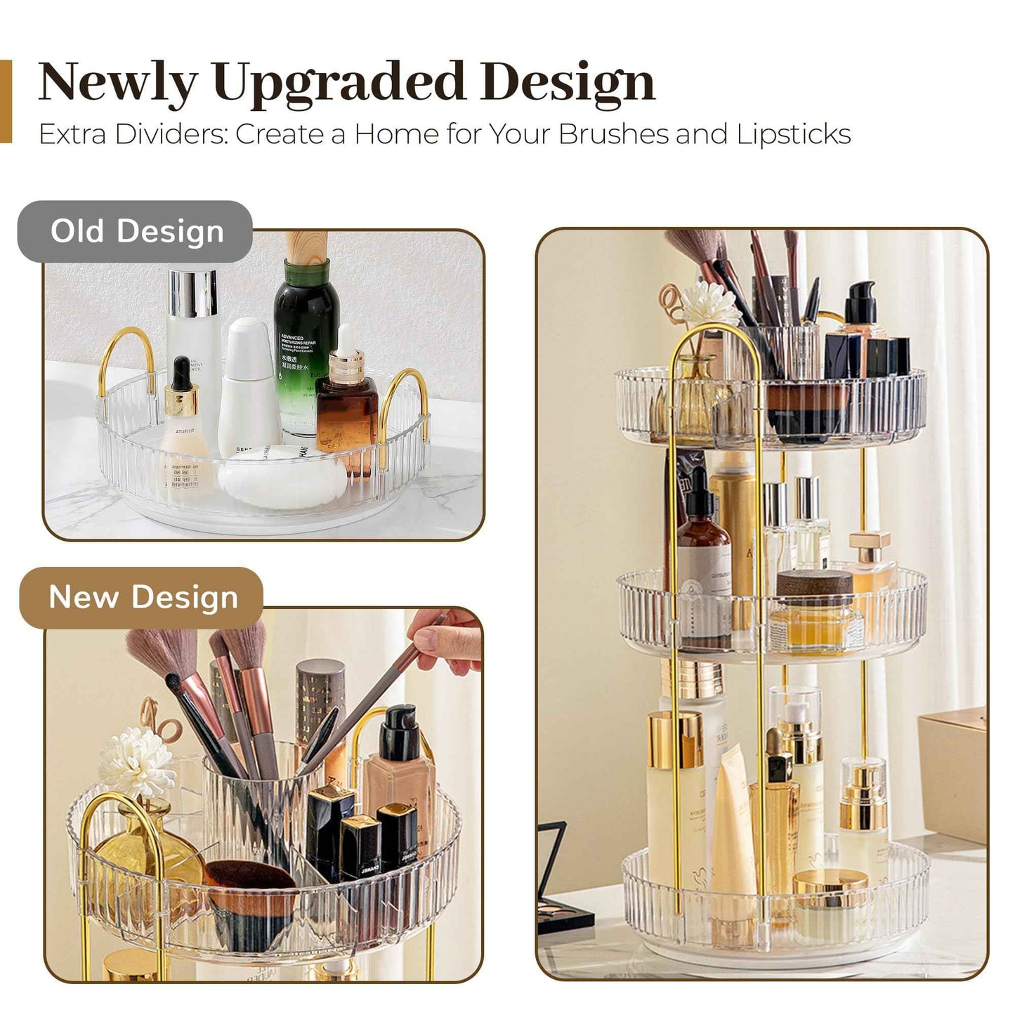 Aveniee 360° Rotating Makeup Organizer for Vanity, Perfume Skincare Bathroom Countertop Organizers, 3 Tier Spinning Skincare Storage with Brush Holder for Lipstick Cosmetic Lotion,White