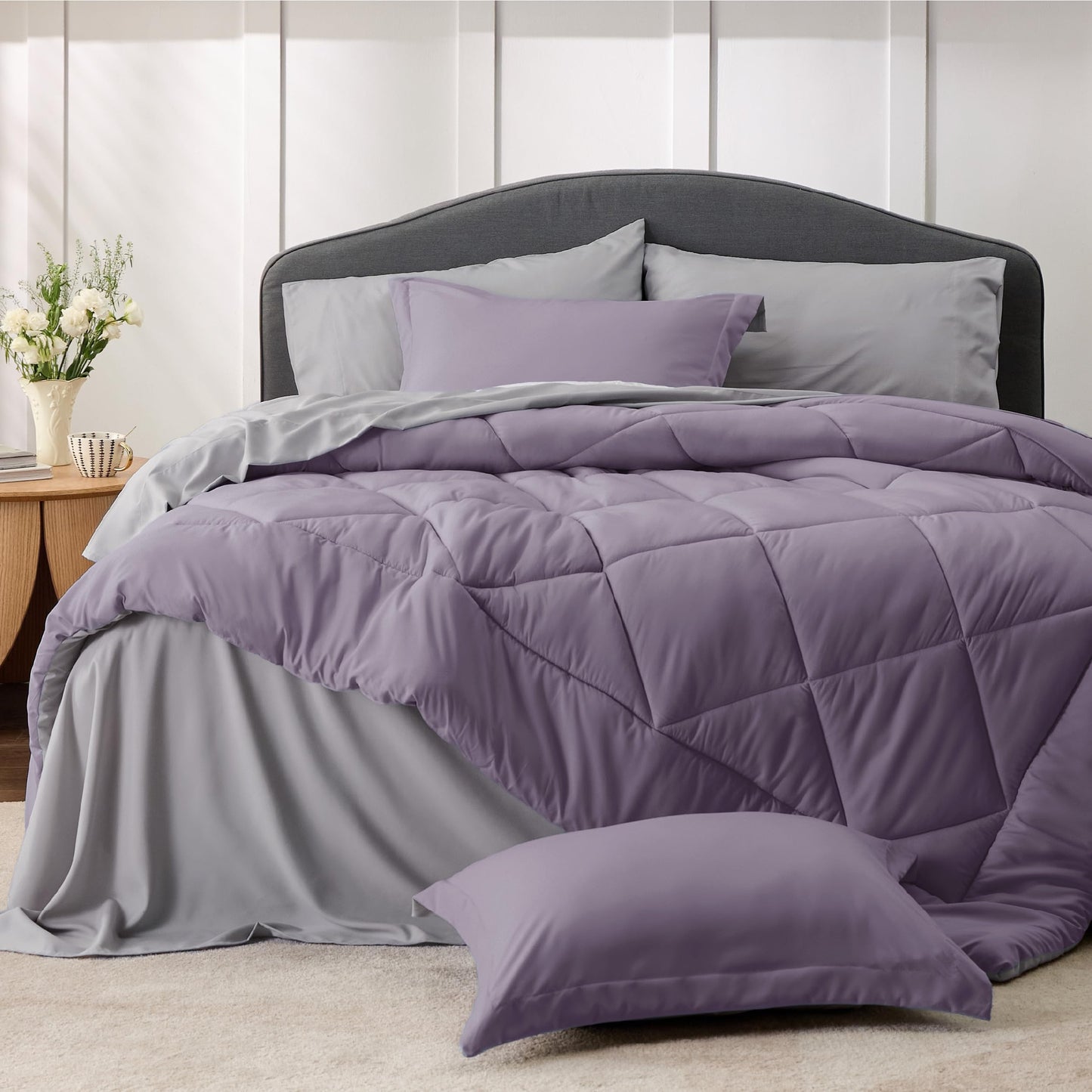 Bedsure Grayish Purple Twin Comforter Set - 5 Pieces Reversible Twin Bed in a Bag, Extra Long Twin Bed Set Grayish Purple and Grey with Comforters, Sheets, Pillowcase & Sham