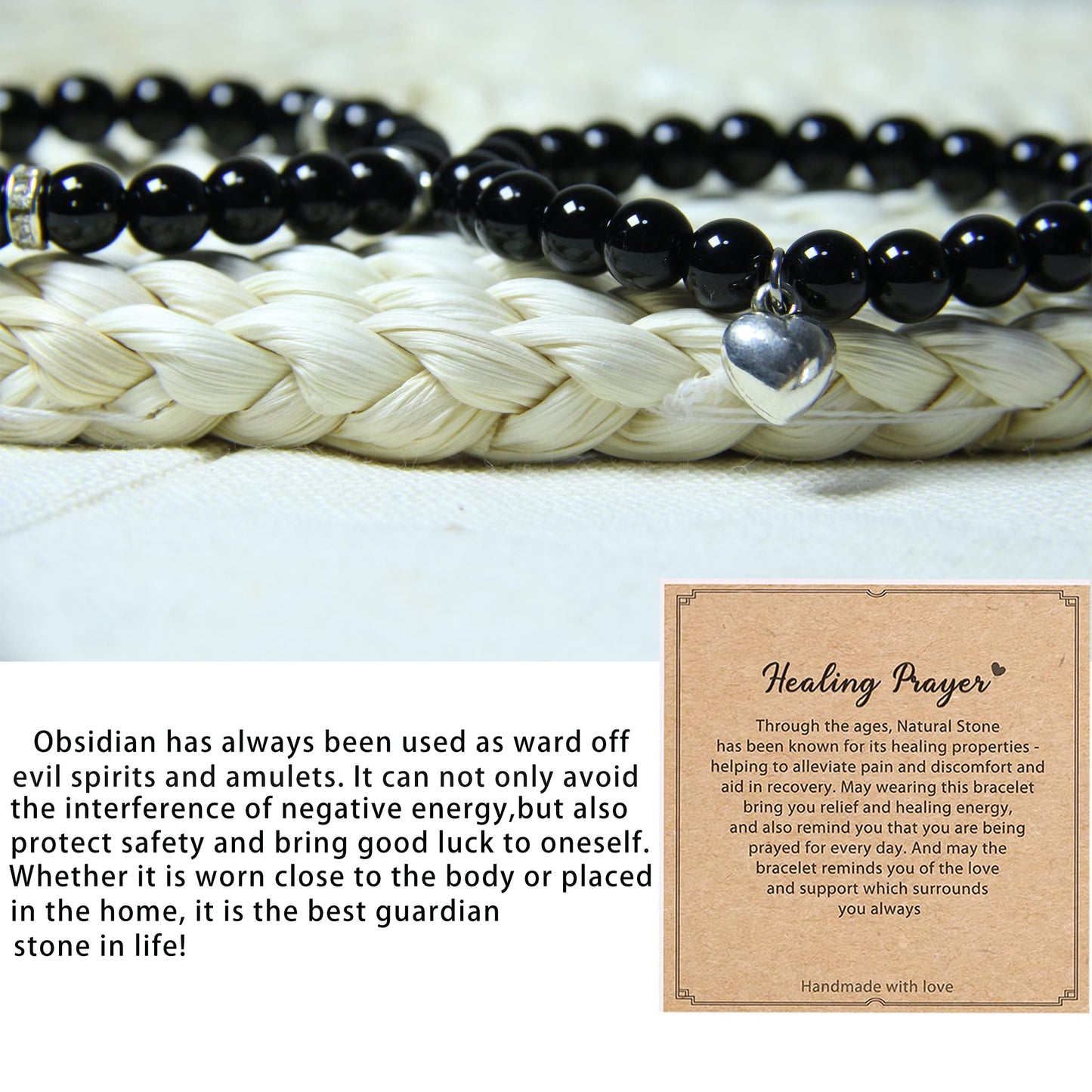 Healing Bracelets for Women - Black Obsidian Bracelet - Healing Prayers Crystal Bracelet, 8mm Natural Stone Anti Anxiety Stress Relief Yoga Beads Get Well Soon Gifts