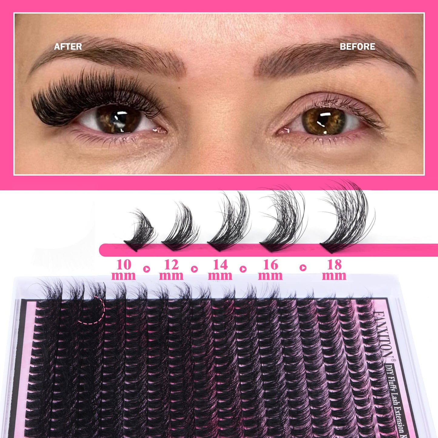 FANXITON DIY Lash Extension Kit Fluffy Lash Clusters 288 pcs Thick Lash Clusters Kit D Curl 10-18 mm Cluster Eyelash Extension Kit with Lash Bond and Seal Lash Tweezers Individual Lashes For Beginners