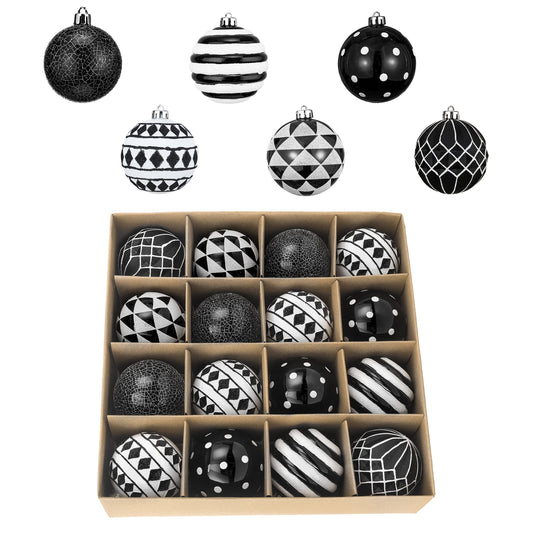 Valery Madelyn Christmas Ornaments Set, 16ct Black and White Shatterproof Christmas Halloween Tree Decorations Ball Ornaments Bulk, 3.15 Inches Modern Hanging Ornaments for Xmas Trees Holiday Decor