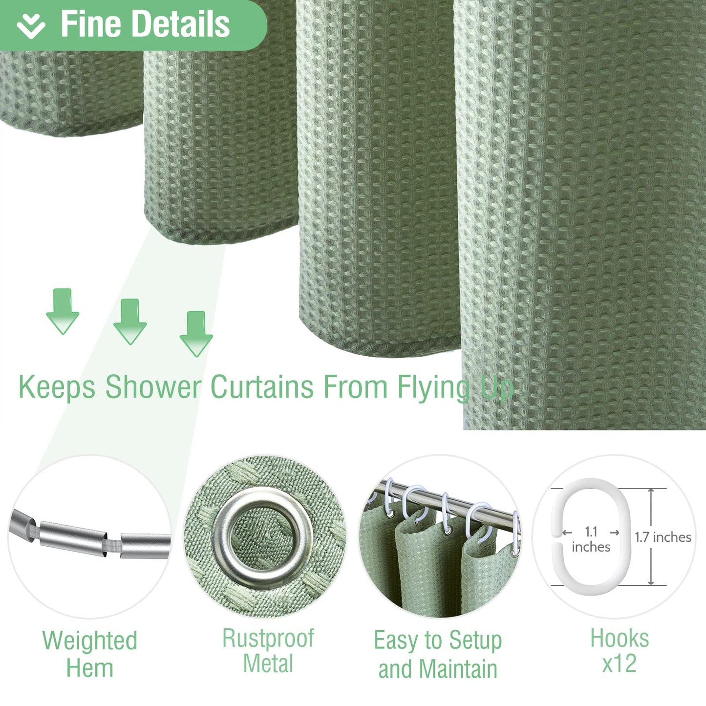 Dynamene Sage Green Shower Curtain - Waffle Textured Heavy Duty Thick Fabric Shower Curtains for Bathroom, 256GSM Luxury Weighted Polyester Cloth Bath Curtain Set with 12 Plastic Hooks，72Wx72H,Green