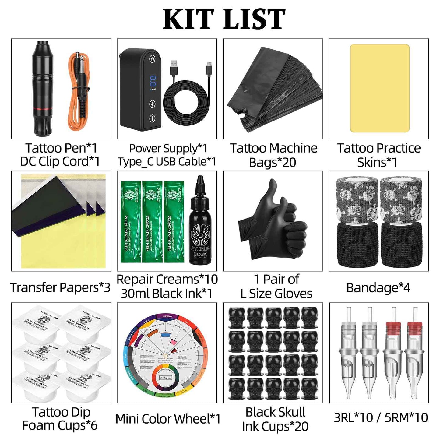 Rotary Tattoo Pen Machine Kit, ATOMUS Tattoo Kit with DC Power Supply 3RL 5RM Cartridge Needles 30ml Tattoo Ink Bandages Ink Cups Tattoo Accessories Supplies Kit for Tattoo Beginners Artists