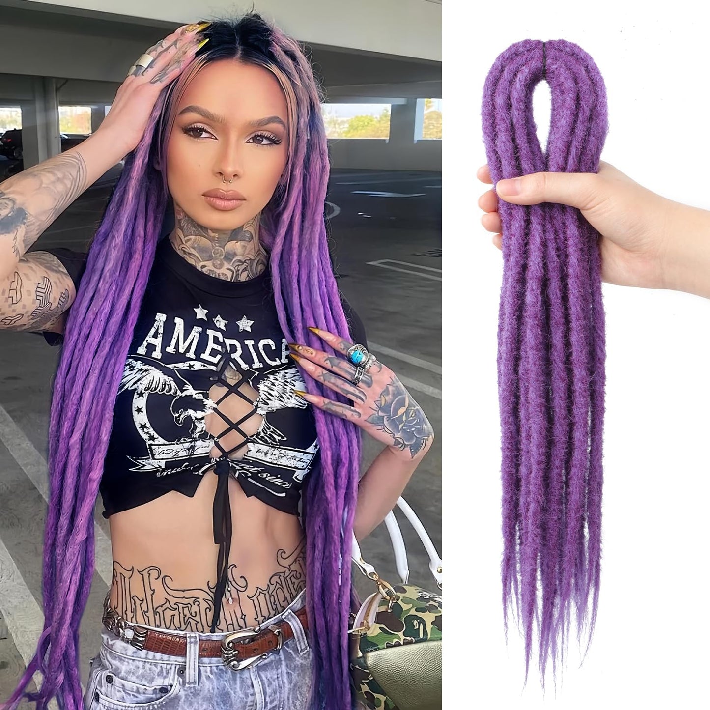 14 inch Synthetic Double Dreadlock Extensions Purple 10 Strands 0.7 cm Width Thin DE Dreads Crochet Reggae Hip-hop Style for Rock&Roll Hippie Dread Braids Hair (14inch Purple)