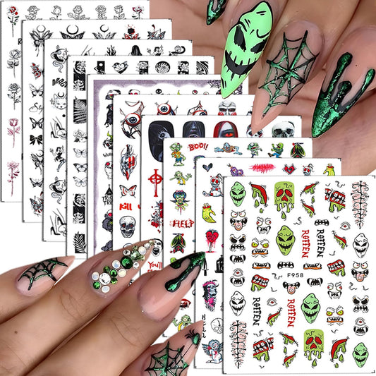 10Sheets Halloween Nails Art Stickers Decals Scary Ghost Nail Art DIY Rose Butterflies Nail Design Halloween Gothic Bloody Eye Nail Stickers Decals for Women Girls Manicure Decoration Supplies.