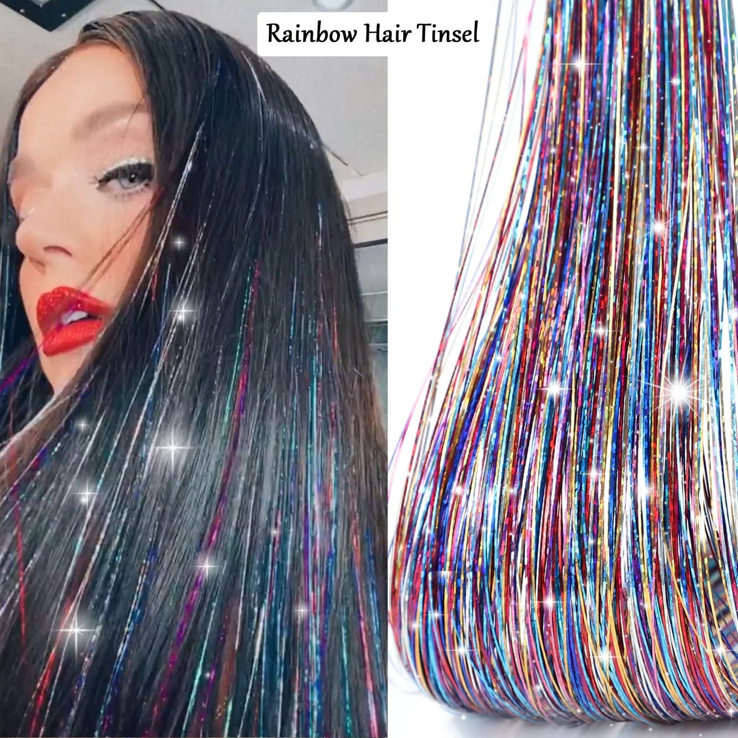 Hair Tinsel Kit Sparkling Tinsel Hair Extensions With Tools 48Inches 1200 Strands Fairy Hair Tinsel Heat Resistant Glitter Hair Extensions Shiny Hair Tensile Accessories for Women Girls Kids (Rainbow)