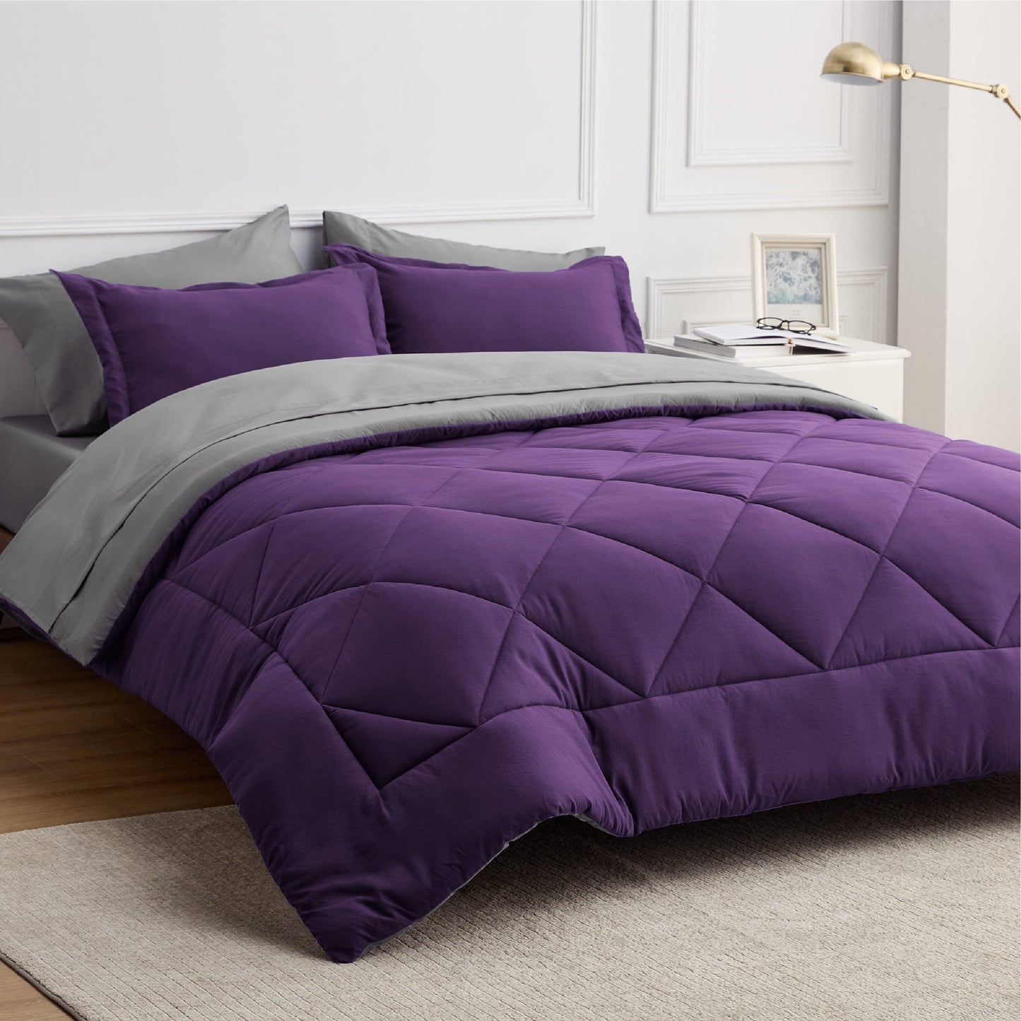 Bedsure Purple Twin Comforter Sets - 5 Pieces Reversible Twin Bedding Sets for College, Purple Extra Long Bed Set Twin with Comforters, Sheets, Pillowcase & Sham