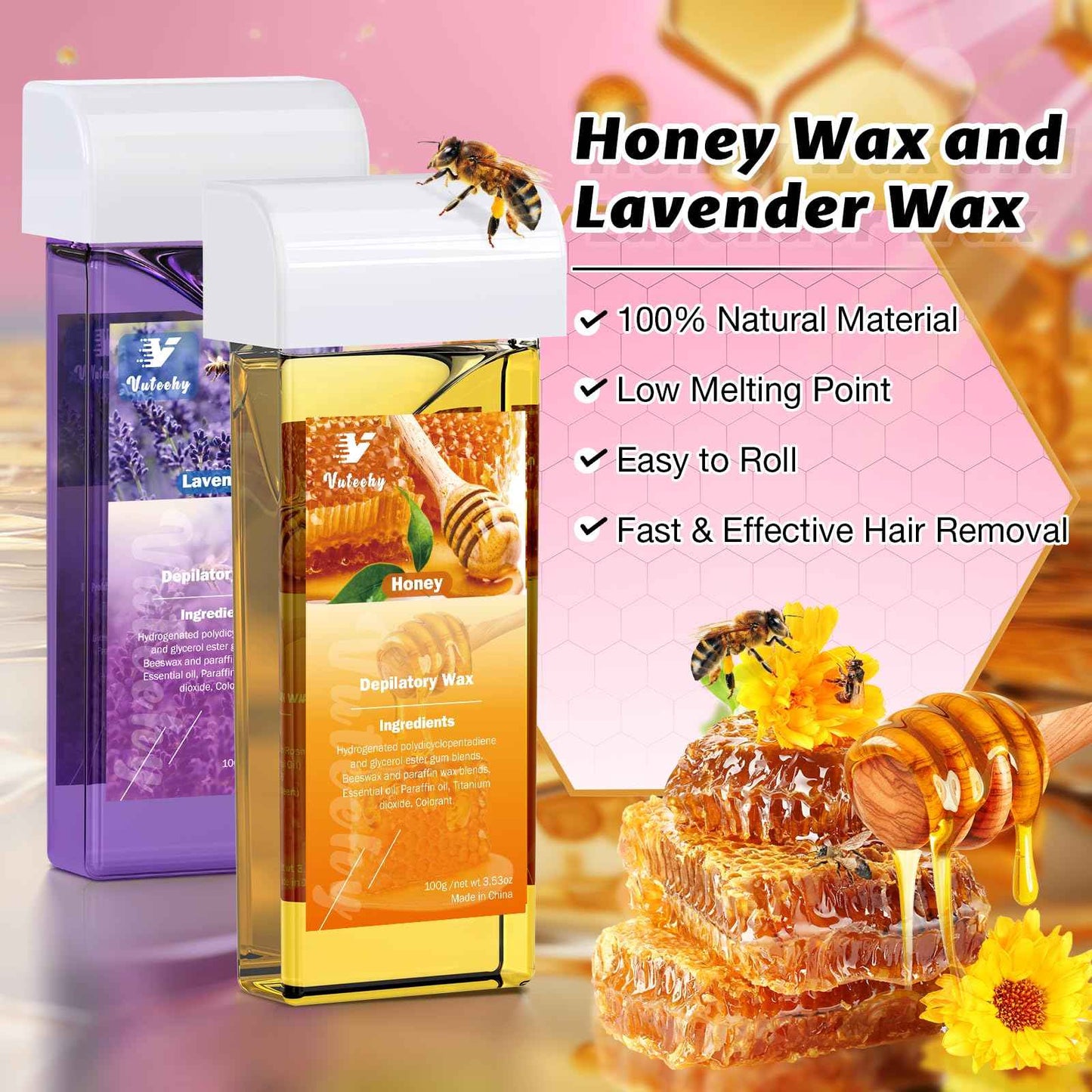 Vuteehy Roll on Wax Kit, Roll on Waxing Kit for Women, Waxing Kit at Home, Wax Roller Kit for All Skin Types Body Hair Removal, Sensitive Skin, Unisex, with 2 Soft Cartridges & 50 Pcs Strips