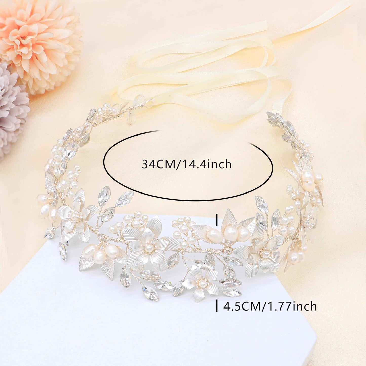 Oriamour Wedding Headband Bridal Headpiece Flower Design With Genuine Freshwater Pearls And Ribbons Hair Accessories For Bride (Silver)