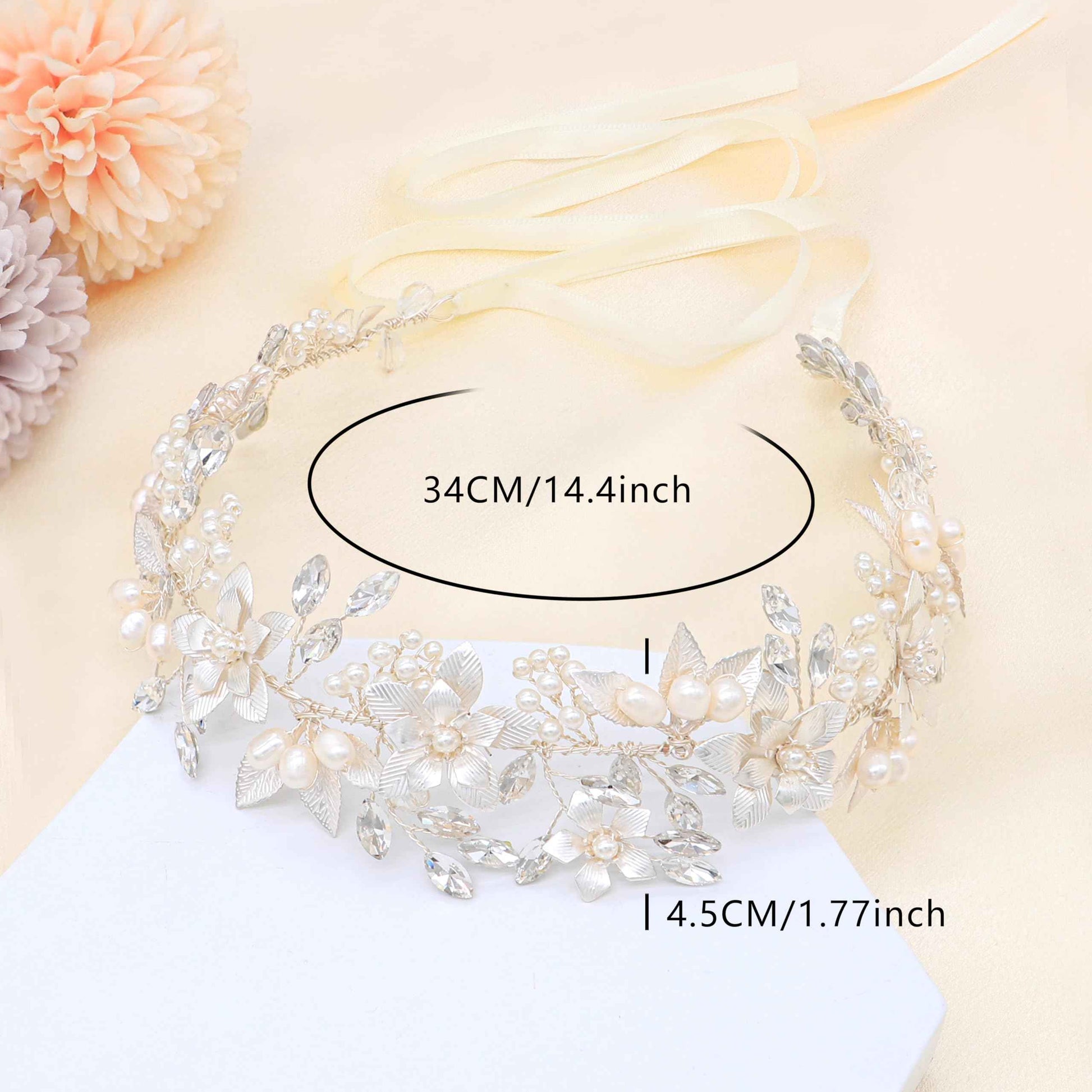 Oriamour Wedding Headband Bridal Headpiece Flower Design With Genuine Freshwater Pearls And Ribbons Hair Accessories For Bride (Silver)
