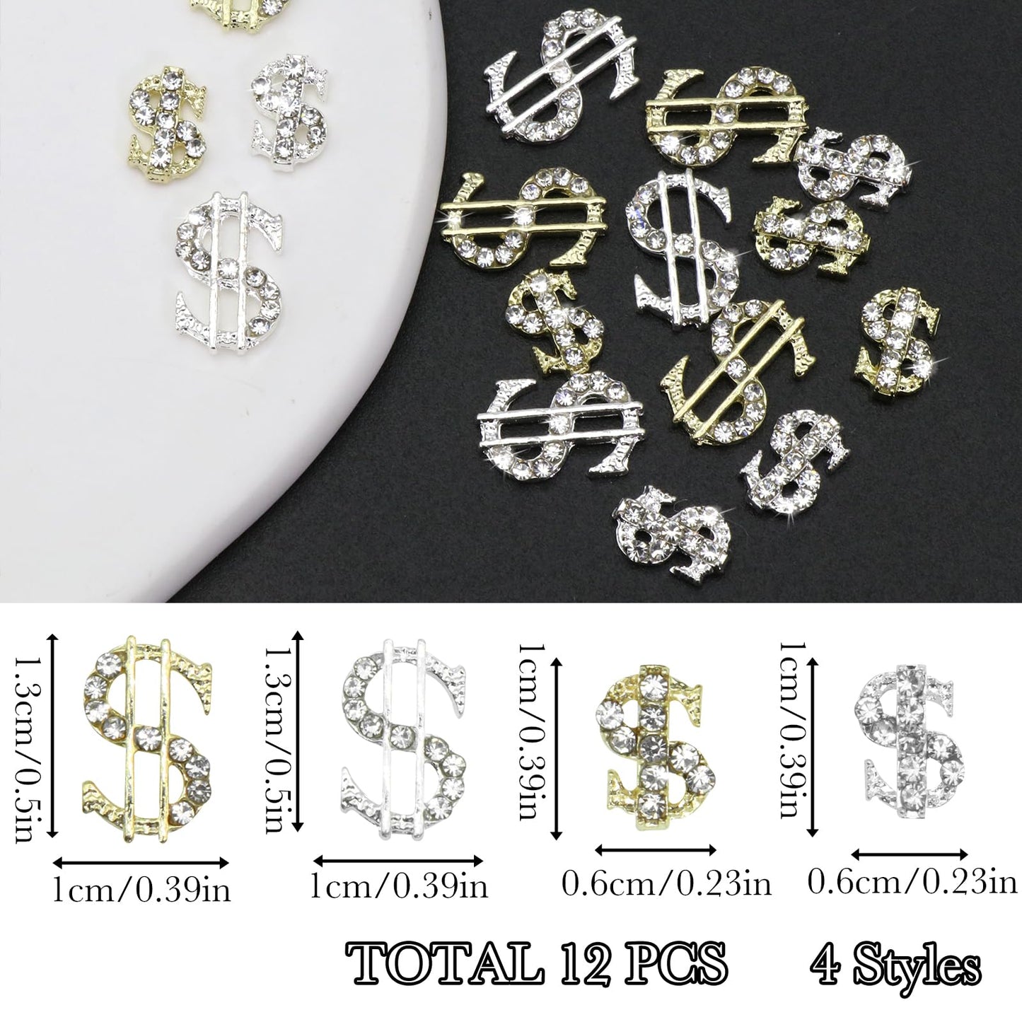 YAEISM 16PCS Money Dollar Nail Charms 4 Styles Gold and Silver Money Nail Charms 3D Alloy Money Sign Nail Charms with Crystals Shiny Rhinestones for Nail Art and DIY Crafts Jewelry Decoration