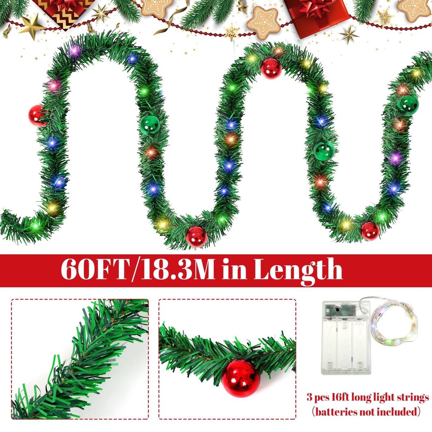 60 ft Prelit Christmas Garland with Lights Lighted Artificial Pine Garlands with 40 Balls Outdoor Christmas Garlands Hanging Garland for Fireplace Mantle Stair Railing Holiday Decorations