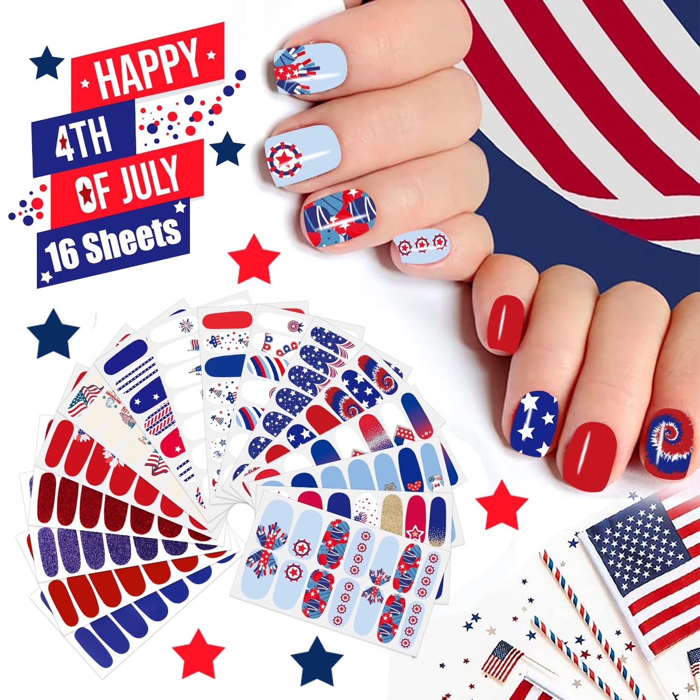 JERCLITY 224 Pieces 16 Sheets Independence Day Nail Polish Strips Patriotic American Flag Nail Wraps Nail Art Stickers 4th of July Self-Adhesive Solid Color Nail Decals Manicure for Memorial Day